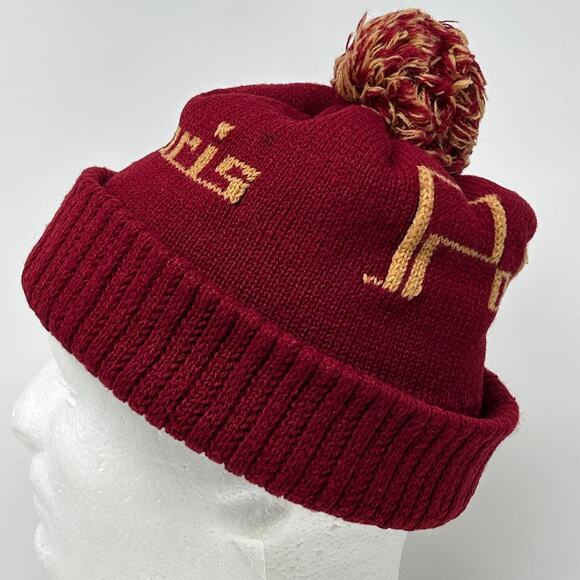 Vintage 70s Polaris Snowmobiles Cuffed Pom Pom Beanie Toque Winter Hat Red - Picture 8 of 9